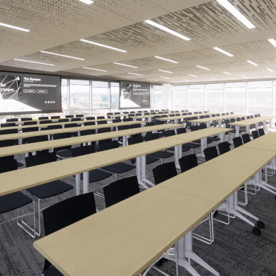 Rendering of interior educational and event space at the Wu Tsai Institute
