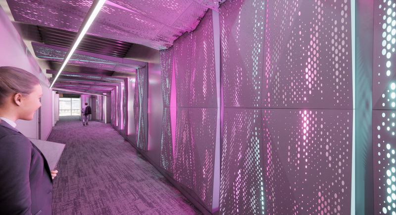 Rendering of interior hallway with perforated lighting at the Wu Tsai Institute