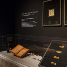 Golgi developed a method for observing brain tissue under a microscope. Examples of slides Cajal studied using Golgi’s method, foreground, right, are on display.  Photo by Andy Melien