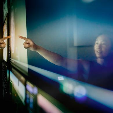 Researcher looking at a large screen and pointing to data.
